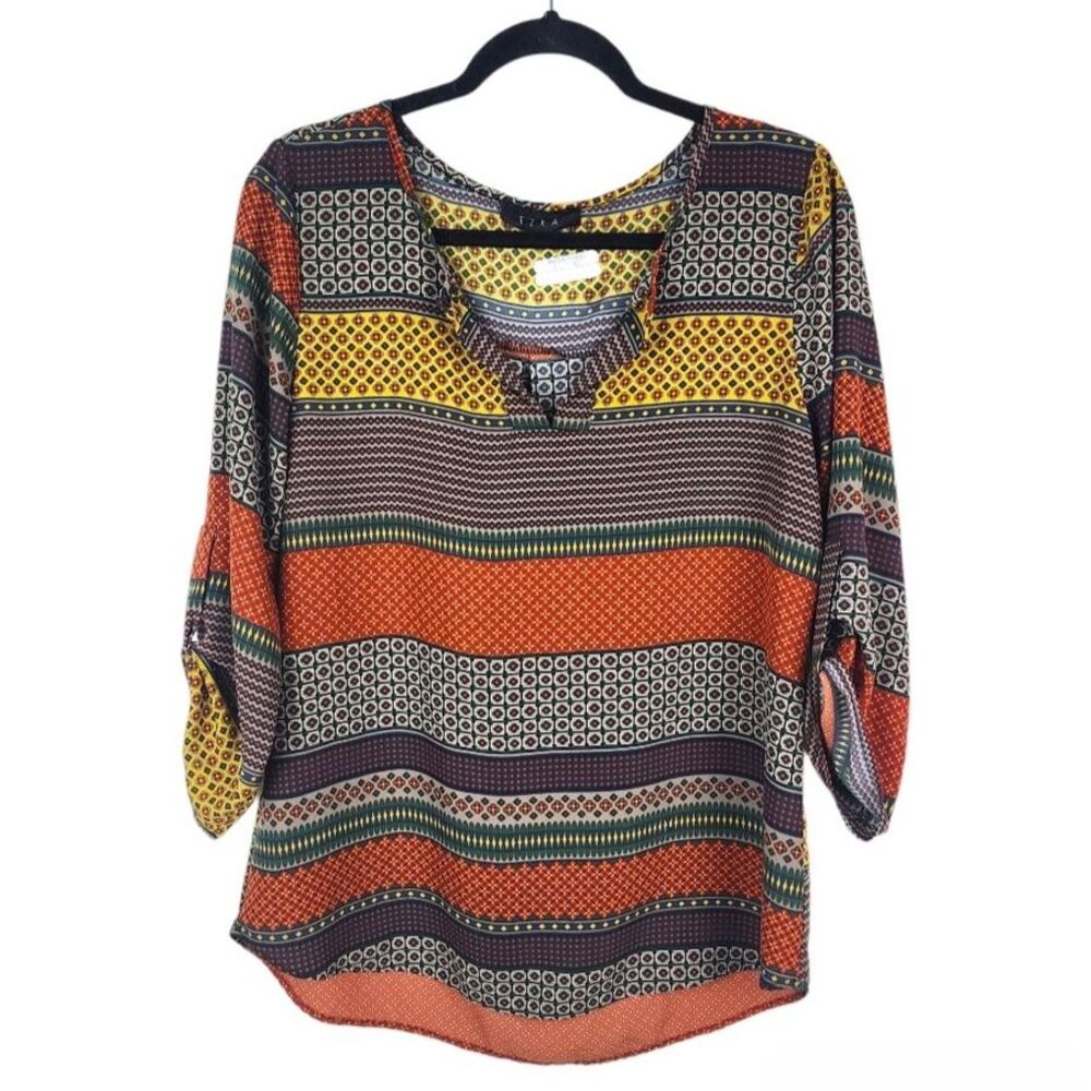 Ezra 3/4 Sleeve Blouse Popover Top Multicolor Floral Geometric Fits Medium